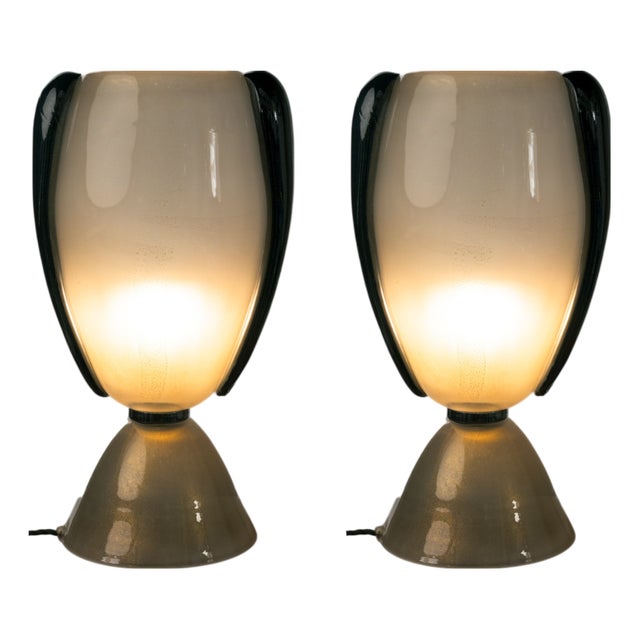 Iridescent Murano Glass Hourglass Table Lamps, 1980s, Set of 2 For Sale