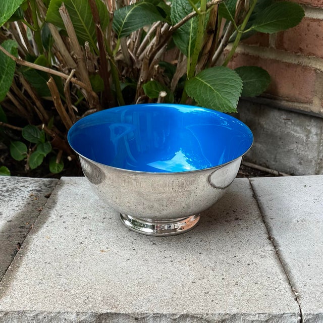 Mid 20th Century Vintage Reed & Barton Silver Plate and Blue Enamel Revere Bowl — 8” For Sale - Image 5 of 7