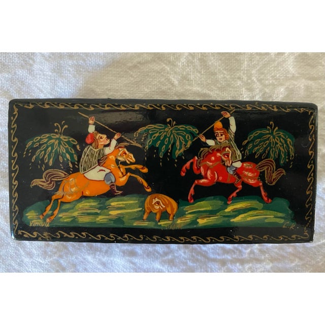 Vintage Russian Palekh Hand-Painted Lacquered Trinket Box, Hunting Scene For Sale - Image 12 of 12