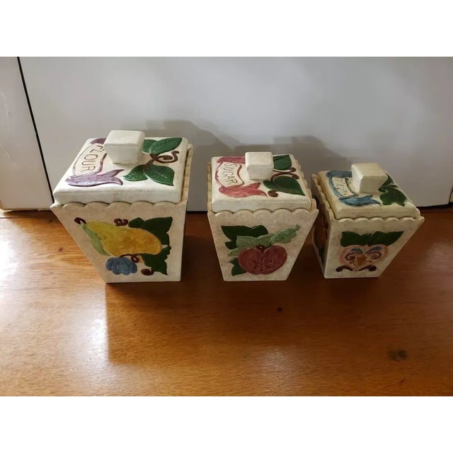 1969 Handmade Ceramic Canisters With Floral Motif, Flour, Sugar & Tea- Set of 3 For Sale - Image 4 of 7