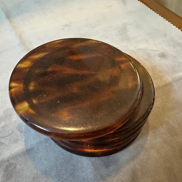 Plastic 1970s Mid-Century Modern Fake Tortoise Shell Lucite Round Jewelry Box For Sale - Image 7 of 10