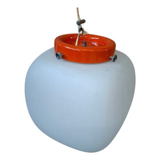 Vintage Space Age Pendant Lamp in Opal Glass and Orange Metal, 1970s For Sale