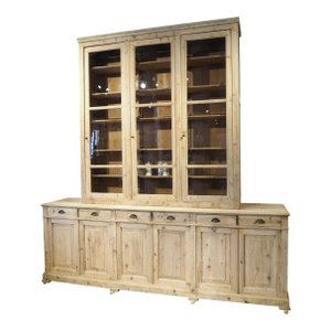 A Grand French Antique Scaped Pine Bibliotheque Vitrine Deux Corps, Circa 1900