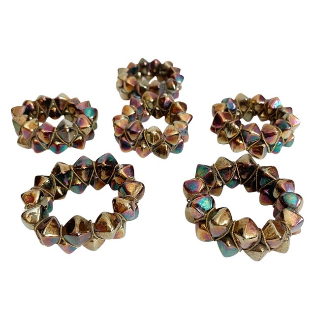 1980s Vintage Geometric Spiked Napkin Rings Featuring Iridescent, Multi-Toned Metallic Beads - Oil Slick - Set of 6 For Sale - Image 5 of 5