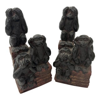 See No Evil, Speak No Evil, Hear No Evil Monkey Bookends-A Pair For Sale