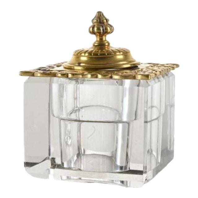 Antique Rococo Style Square-Cut Crystal and Brass Inkwell For Sale