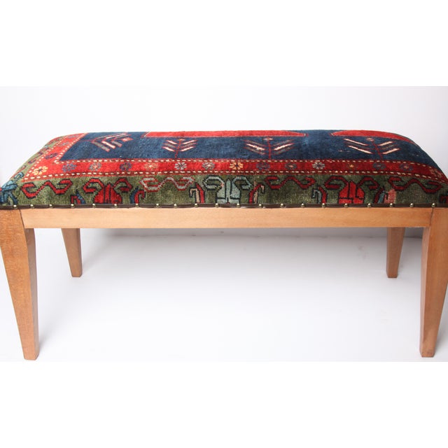 Antique Kazak Wool Rug Upholstered Bench, Rustic Tribal Accent Bench With Wooden Legs For Sale - Image 10 of 11