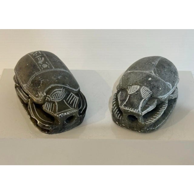 Pair Vintage Egyptian Revival Hand Carved Soap Stone Scarab Figurines With Hieroglyphics For Sale - Image 4 of 12