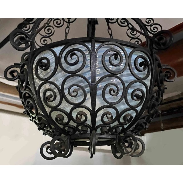 Traditional Hanging Lantern - Wrought Iron With Opalescent Art Glass Shade For Sale - Image 3 of 4
