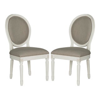 French Brasserie Linen Oval 19''H Side Chair With Silver Nailheads in Light Grey & Cream - a Pair For Sale