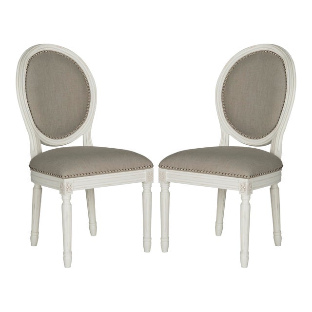 French Brasserie Linen Oval 19''H Side Chair With Silver Nailheads in Light Grey & Cream - a Pair For Sale