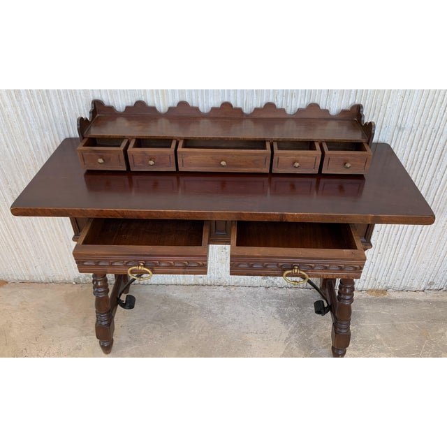 Brown Catalan Spanish Lady Desk or Console Tablein Carved Walnut and Iron Stretcher For Sale - Image 8 of 13