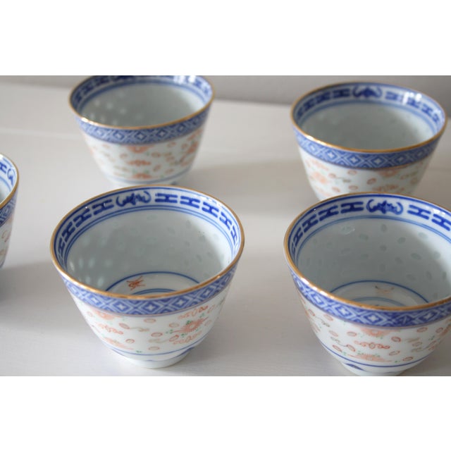 Mid 20th Century Ceramic "Rice Grain" Pattern Cups, Bowl and Spoon Set- 7 Pieces For Sale - Image 4 of 9