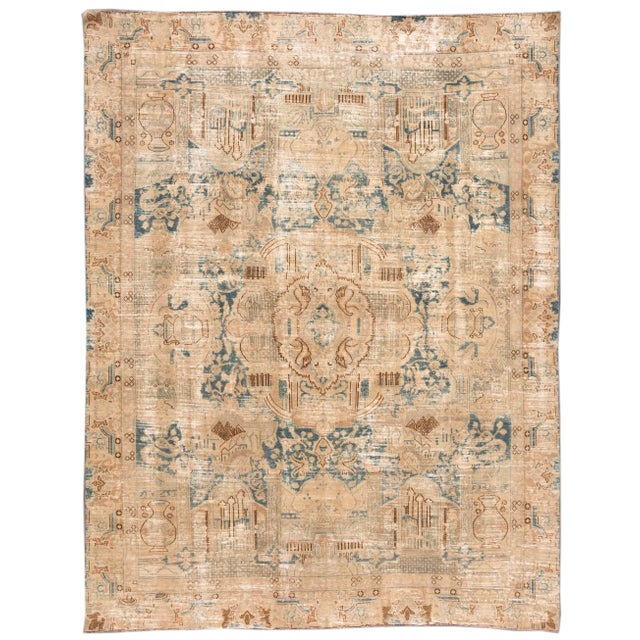 1960s Vintage Persian Distressed Beige Handmade Medallion Wool Rug For Sale - Image 11 of 11