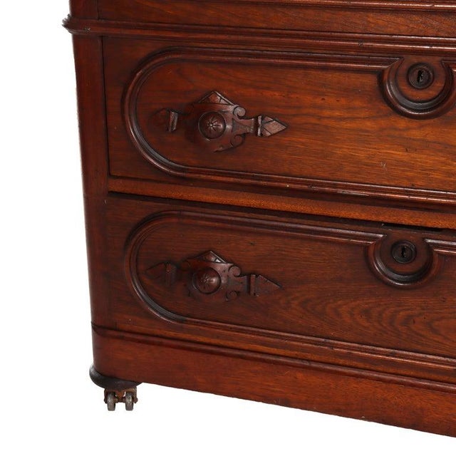 Brown Antique Walnut 3-Drawer Marble Top Commode With Carved Pulls Circa 1890 For Sale - Image 8 of 16