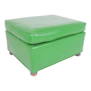 Vintage Green Vinyl Ottoman on Walnut Bun Feet For Sale