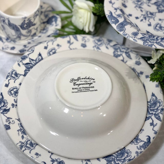Staffordshire Engraving Birds Of Paradise Blue White Dishes