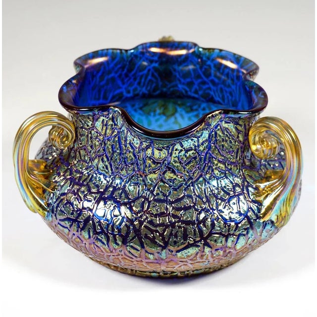 Art Nouveau Cobalt Mimosa Vase with 3 Handles from Loetz Glass, Austria-Hungary, 1911s For Sale - Image 5 of 10