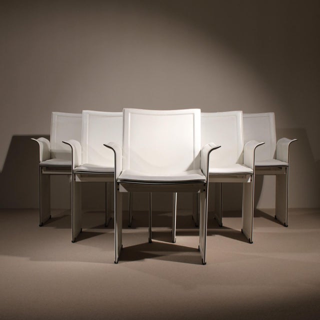 Description for sale is an exceptionally rare and elegant set of six „korium“ armchairs, designed by tito agnoli for the...