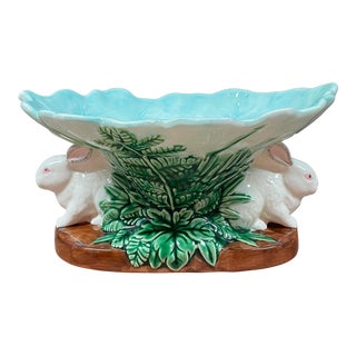 1980s Majolica Cabbage Leaf Pedestal Bowl Centerpiece With Bunnies For Sale