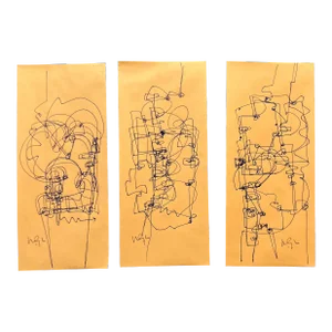 Contemporary 3 Abstract Wayne Cunningham Pen & Ink Drawings on Vintage Envelopes- Set of 3