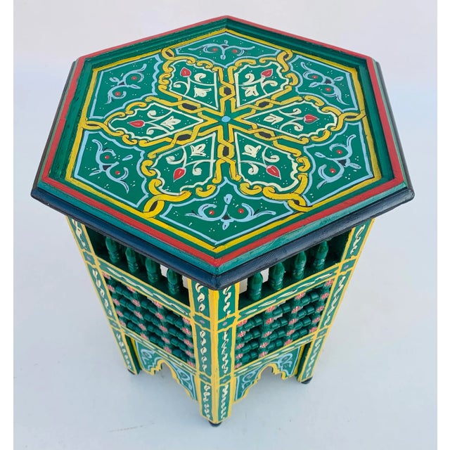 Moroccan Artist Moroccan Moorish Hexagonal Green Hand-Painted Side Table For Sale - Image 4 of 10