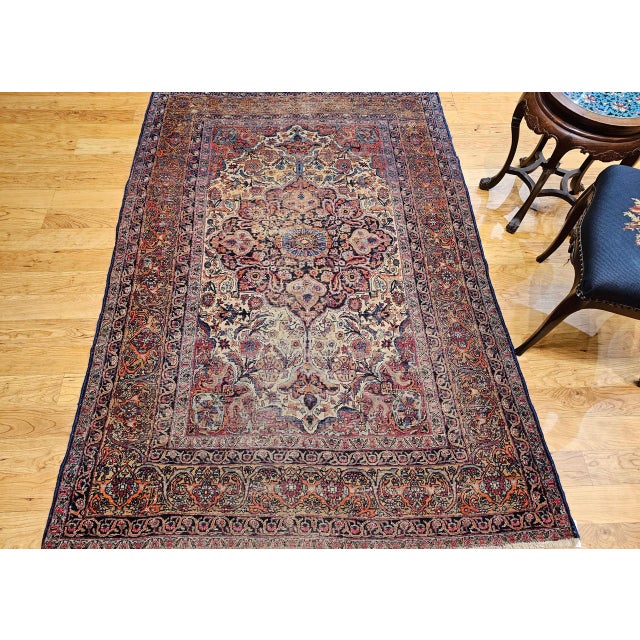 Persian 19th Century Persian Kashan Rug, Hand-Knotted Wool, Floral Pattern, Ivory & Saffron,5x7 For Sale - Image 3 of 16