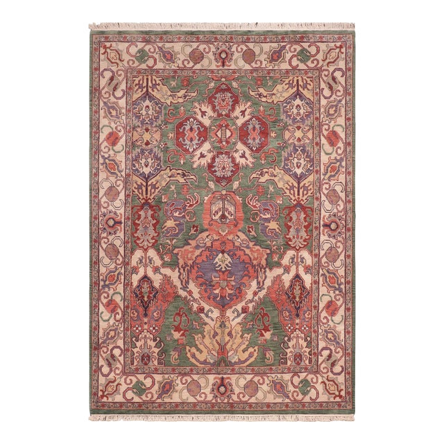 Shabby Chic Vintage‑Inspired Medallion Green/Ivory Hand Knotted Wool Rug - 7'11'' X 9'11'' For Sale