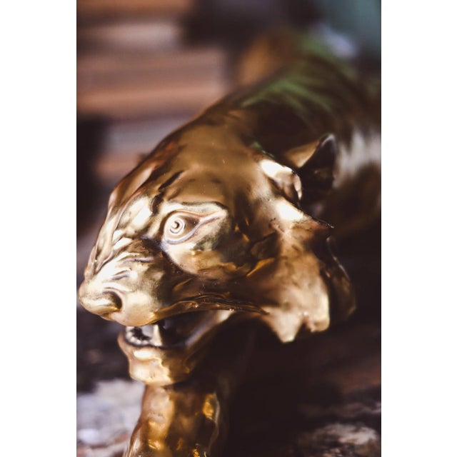 Ceramic Vintage Italian Art Deco Majolica Gilded Tiger Sculpture by Guido Cacciapuoti, 1930 For Sale - Image 7 of 9