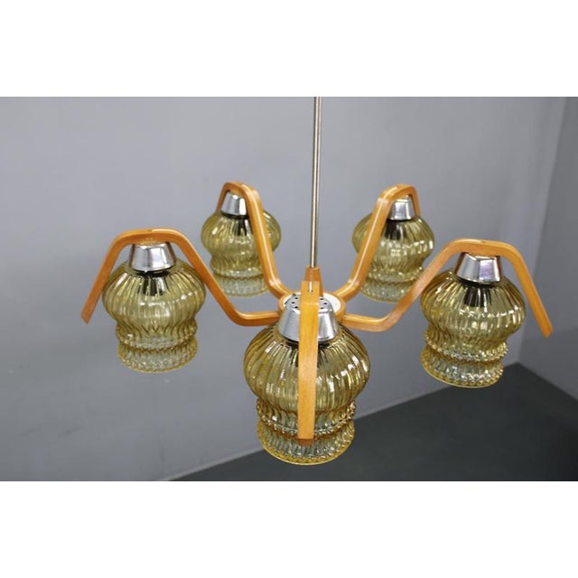 1970s Mid-Century Modern Czech Wood and Glass Chandelier, 1970s For Sale - Image 5 of 9
