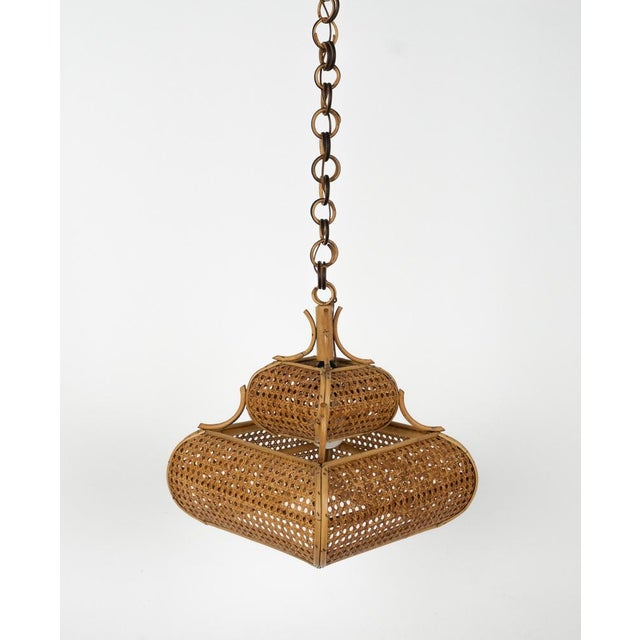 1960s Mid-Century Modern French Riviera Rattan and Wicker Pendant Light, 1960s For Sale - Image 5 of 16