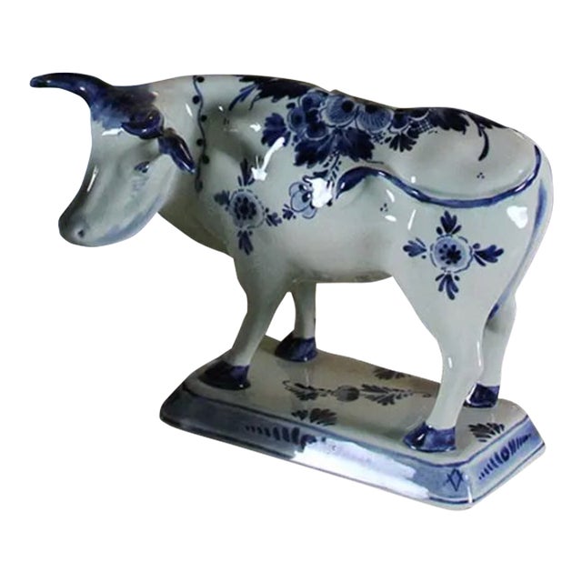 Vintage Delft Cow With Blue Floral Decoration Made in Delft, Holland For Sale