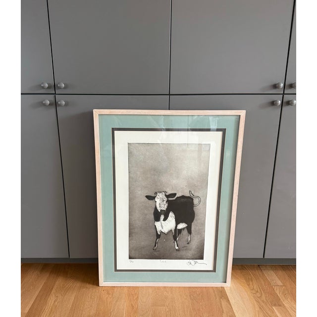 Farmhouse Large Framed Etching of a Black and White Cow For Sale - Image 3 of 12