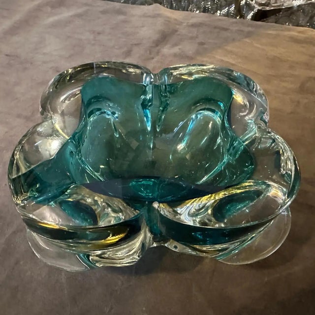 1960s Seguso Style Modern Heavy Green and Yellow Murano Glass Big Ashtray For Sale - Image 9 of 12