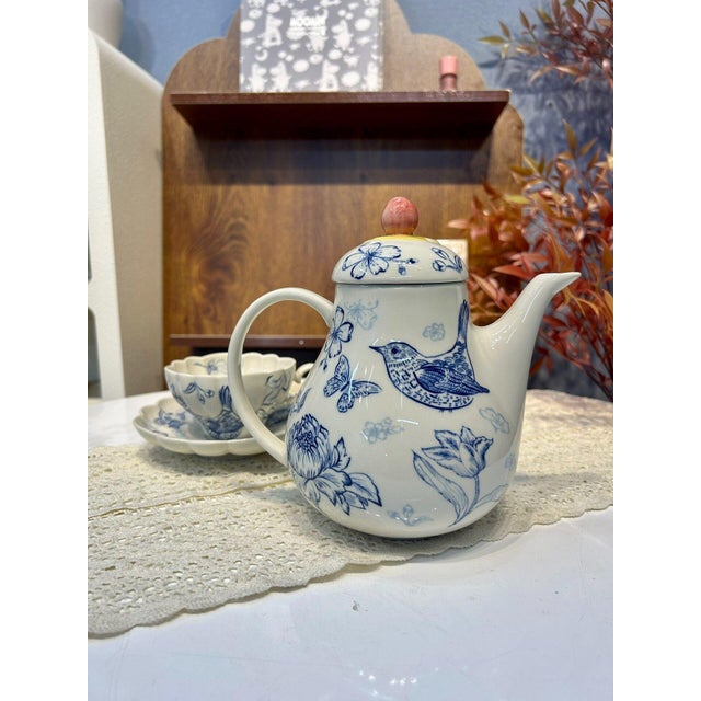 Art Deco Vintage Blue-and-White Ceramic Tea Set With Bird Motif - 3 pcs For Sale - Image 3 of 6
