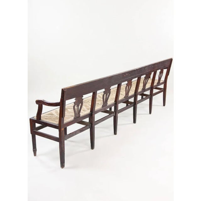 American Antique Neoclassical Carved Lyre-Back Hall Bench With Rush Seat | Five-Seat Dining or Entry Bench For Sale - Image 3 of 12
