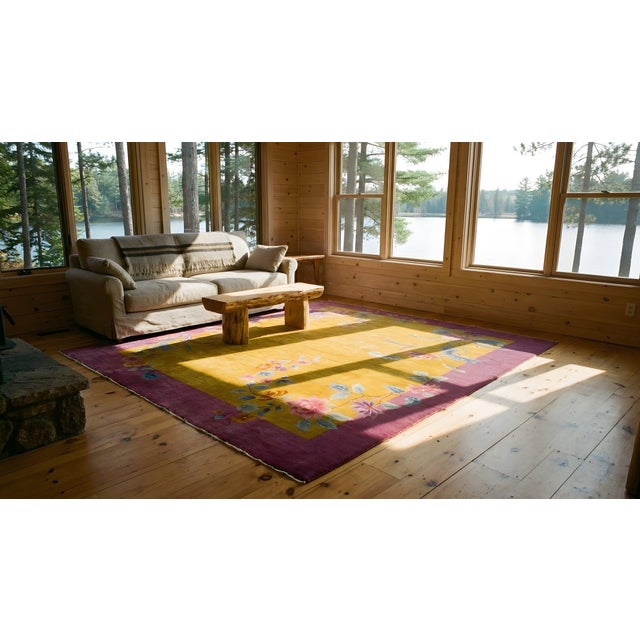 1920s Yellow Canary Floral Antique Chinese Art Deco Carpet 8' 10'' X 11' 4'' Knotted Wool Rug For Sale - Image 15 of 15