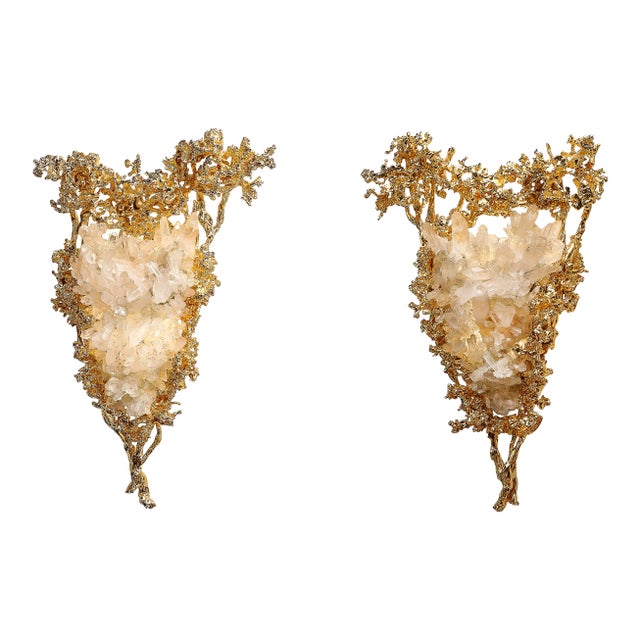 Claude Boeltz 24kt Gold Plated Exploded Bronze v-Shape Sconces W/ Rock Crystals For Sale