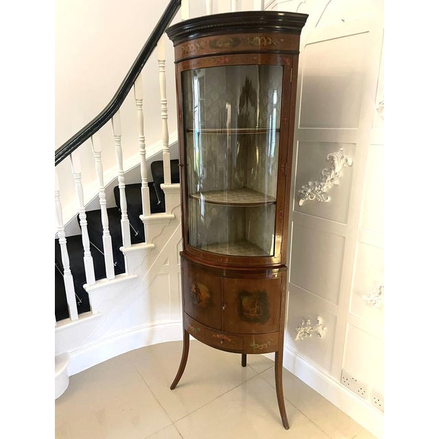 Victorian Mahogany and Painted Decorated Bow Fronted Corner Display Cabinet, 1880s For Sale - Image 17 of 17