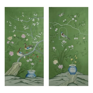 Chinoiserie Hand-Painted Wallpaper Panels, Emerald Green Background With Floral, Bird & Porcelain Vase Mural, Set of 2 For Sale