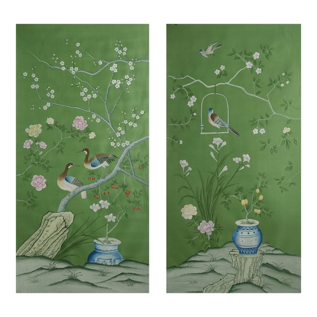 Chinoiserie Hand-Painted Wallpaper Panels, Emerald Green Background With Floral, Bird & Porcelain Vase Mural, Set of 2 For Sale