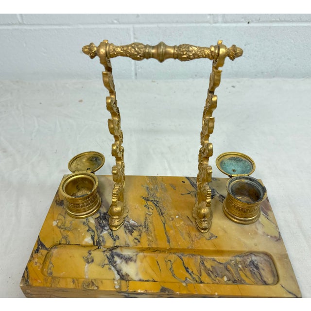 Antique French Siena Marble Bronze Dual Dolphin Empire Statue Desk Inkwell Stand For Sale - Image 14 of 14