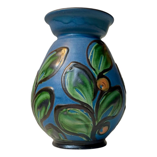 Art Deco Blue Glazed Vase with Flowers by Herman August Kähler For Sale