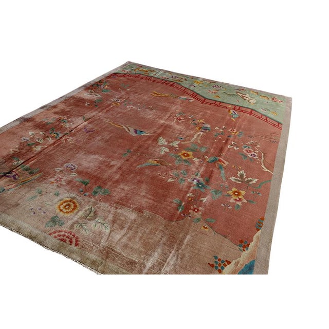 1920s Scenic Coral Antique Chinese Art Deco Bird Knotted Wool Carpet Rug For Sale - Image 9 of 11