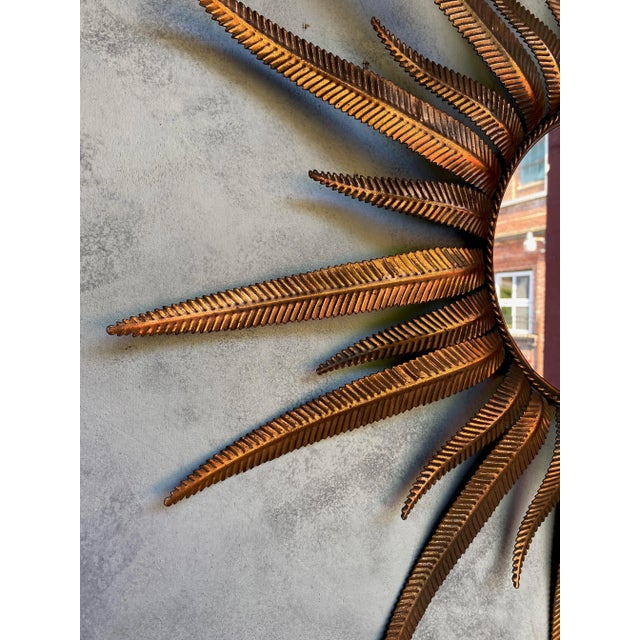 Metal Spanish Copper Plated Metal Sunburst Mirror With Fern Leaf Frame For Sale - Image 7 of 13
