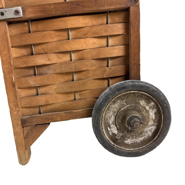 Antique 1910s Woven Splint Wood Rolling Cart Utility Basket / Wheeled Shopping Trolley For Sale - Image 14 of 18