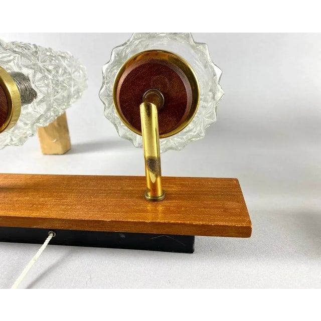 Brown Double Arm Wall Lights with Cylindrical Glass Shades and Wooden Bases, Germany, Set of 2 For Sale - Image 8 of 10