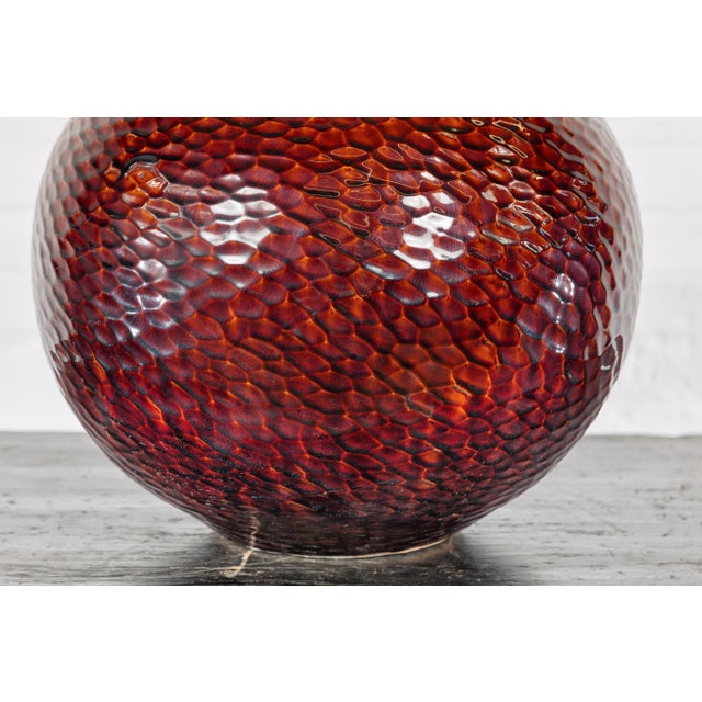 Handcrafted Bulb Shaped Burgundy Vase with Textured Honeycomb Style Motifs For Sale - Image 10 of 12