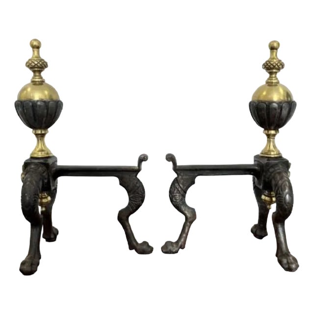 Antique Victorian Brass and Iron Fire Dogs, 1860, Set of 2 For Sale