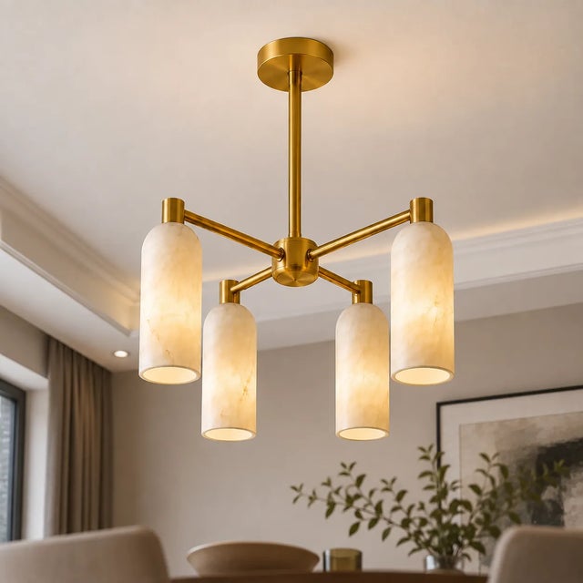 Mid-Century Modern Handcrafted Brass 4-Light Chandelier With Natural Alabaster Shades, Luxury Dining Room Pendant Light For Sale - Image 3 of 7